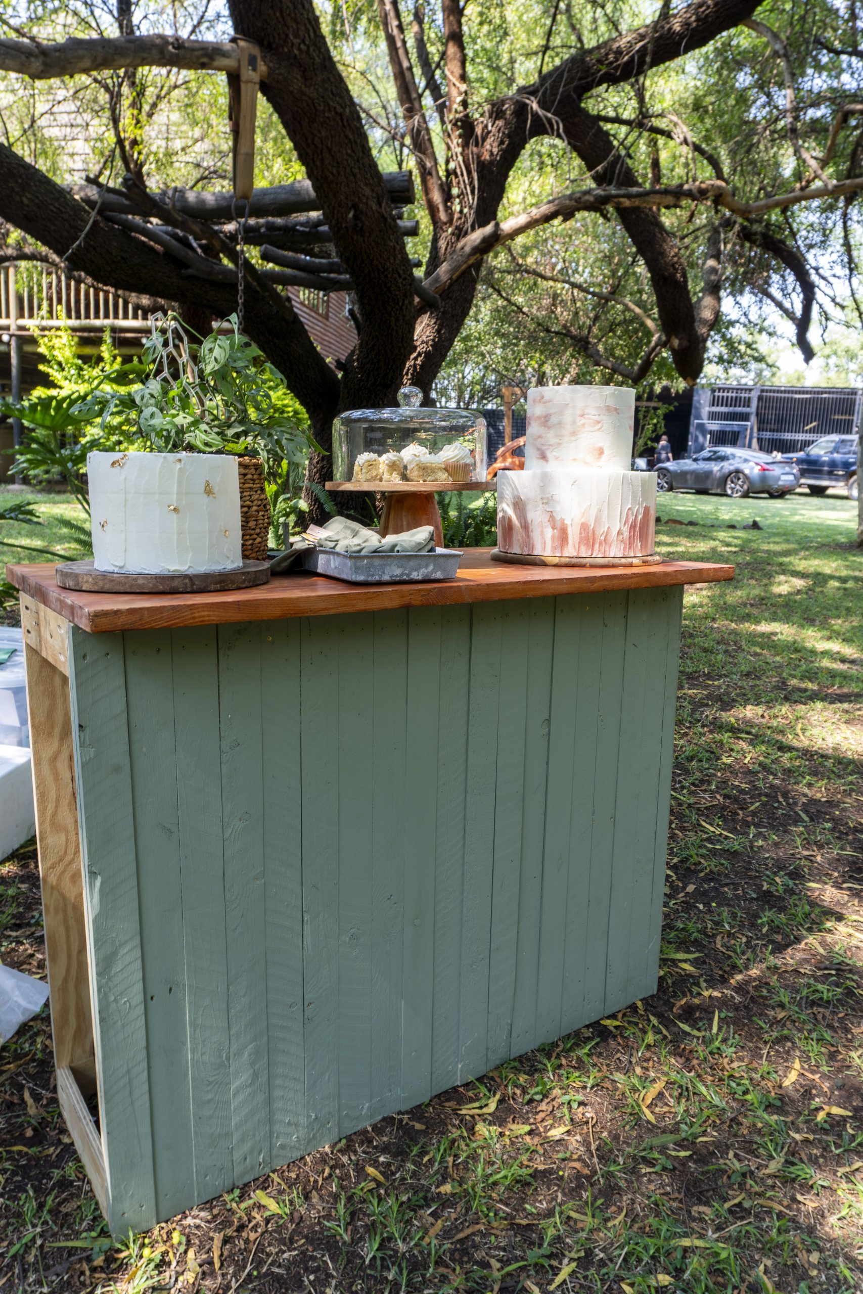 Wedding cakes and cupcakes displayed beneath garden trees.