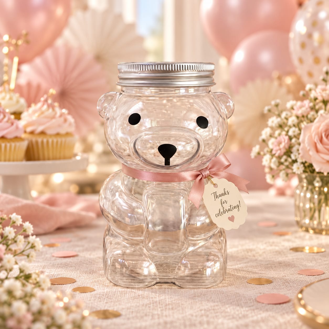 Sitting Bear Bottle shown with the optional personalised decorative tag and pink ribbon.