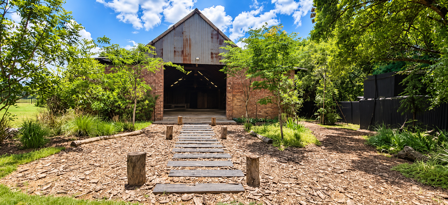 A stepping-stone path leading to a rustic brick and timber building surrounded by trees and gardens.